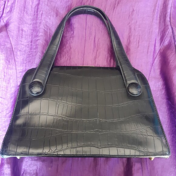 Vintage Naturalizer Faux Crocodile 12"x8" Dark Brown Handbag Purse Kiss Closure - Picture 6 of 16